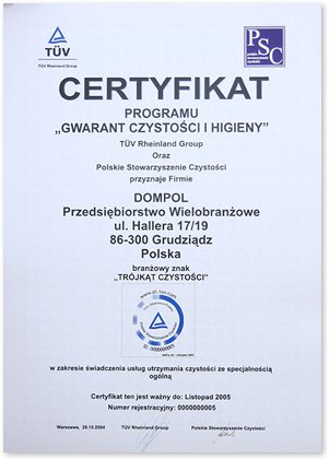 Certyfikat 'Gwarant Czystości i Higieny'