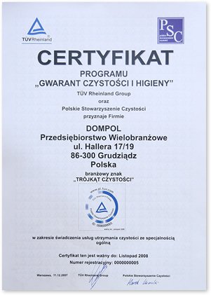 Certyfikat 'Gwarant Czystości i Higieny'
